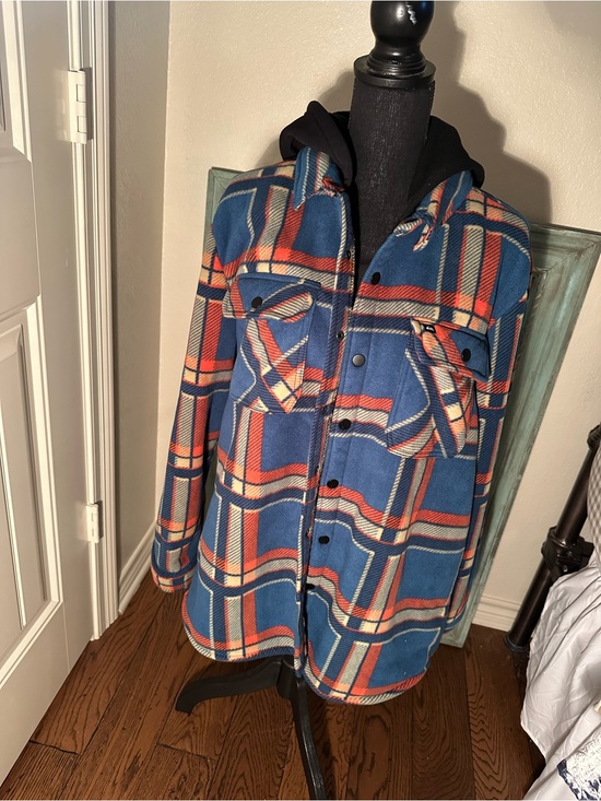 Quiksilver Other - Quiksilver Blue Plaid Hooded Shirt Jacket with Orange Accents